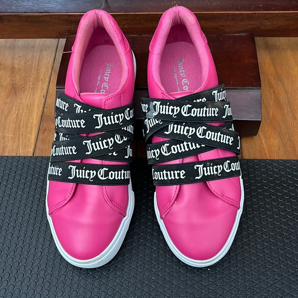 Juicy couture, pink sneakers  with black elastic bands. Size 6 1/2